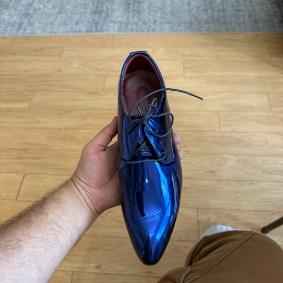 Santimon Men's US 11 Patent Leather Shiny Blue Oxford Shoes Pointed Toe Lace Up - Picture 7 of 11